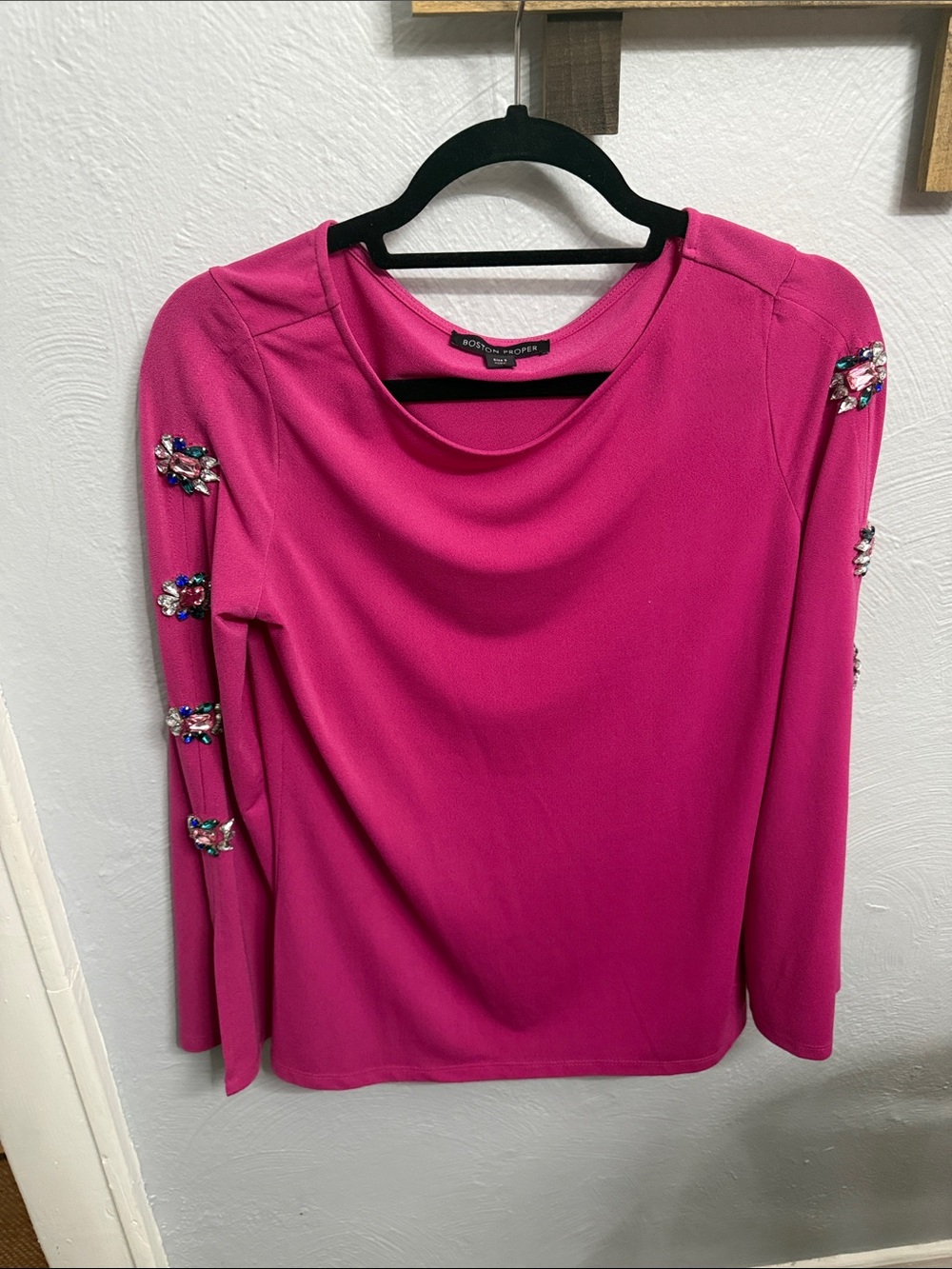 Boston Proper Fuchsia Jeweled Long-Sleeve Top